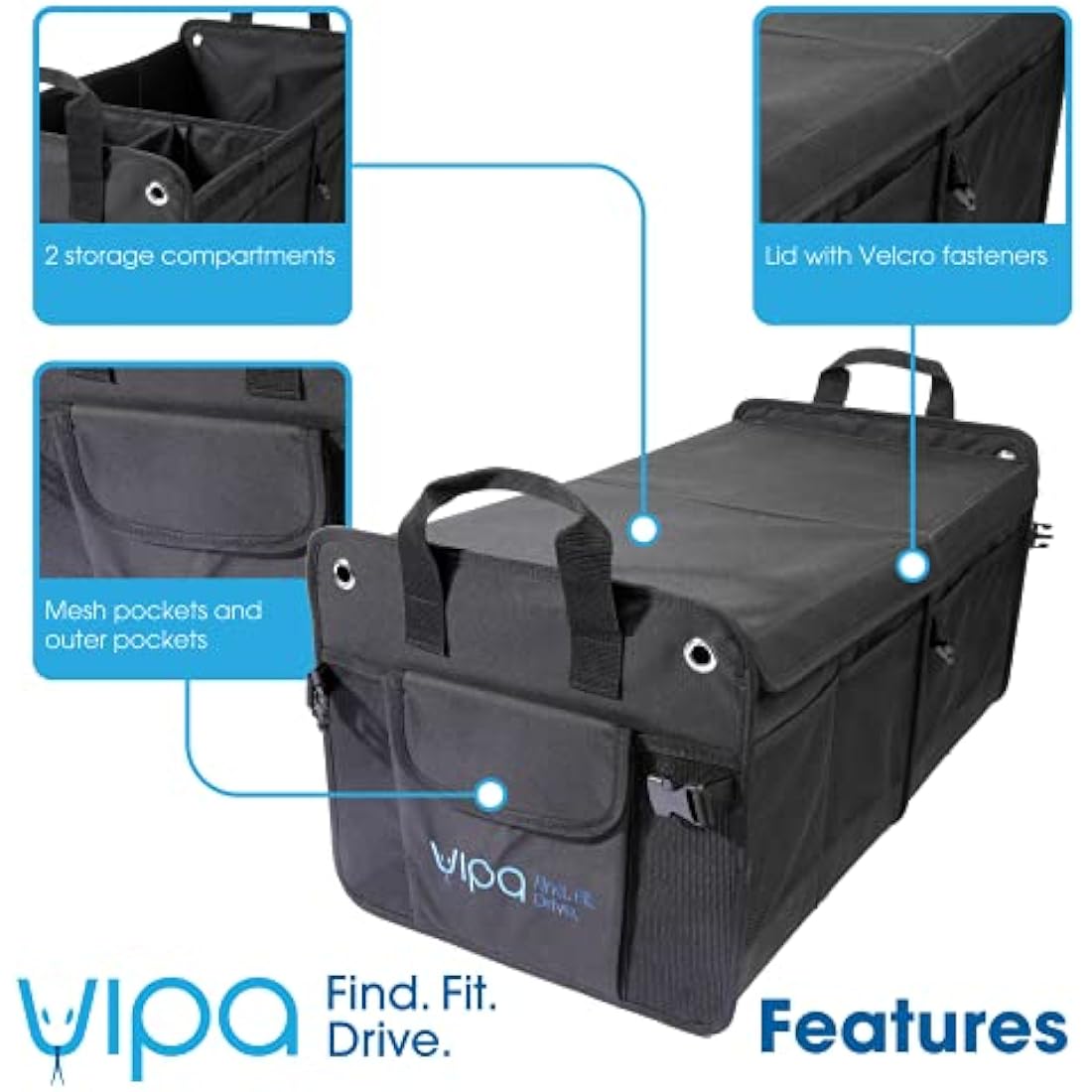 VIPA CAR PARTS Universal Boot Organiser. Large Storage Capacity, Multiple Compartments. Durable & Washable Fabric. Easy to Assemble. 10 Outer Pockets and Hook & Loop Fastener Lid.