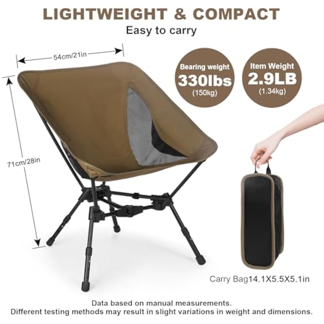 Lightweight Folding Camping Chair: Portable Ultralight Height Adjustable Folding Camping Chair 330 lbs Capacity with Side Pockets Ideal Backpacking Chairs for Short hikes and Cycling Trips (Khaki)
