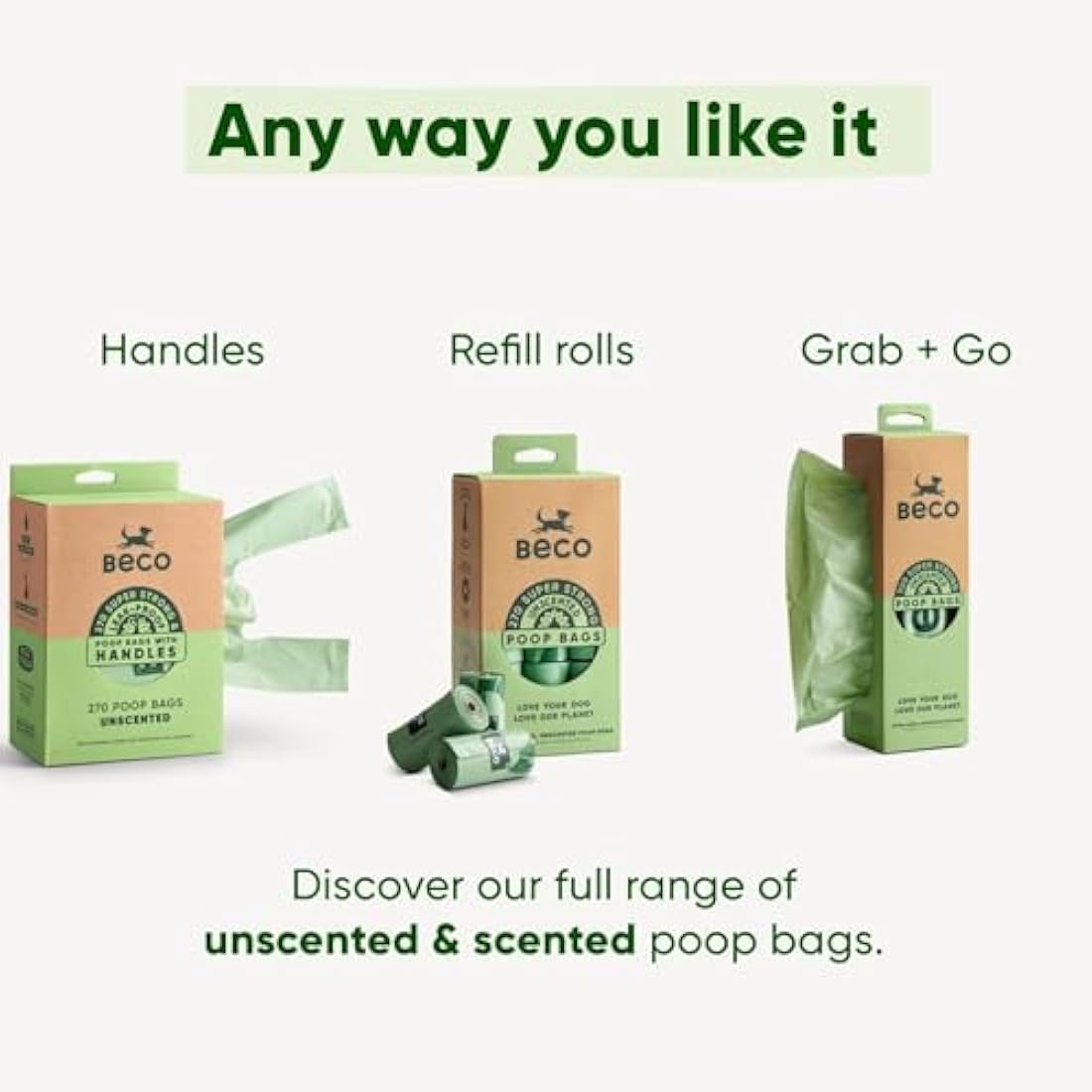 Beco Dog Poop Bags Rolls - Strong & Large - 720 Bags (48 Rolls of 15) and 1x Dispenser, Unscented, Dispenser Compatible for Dog Waste