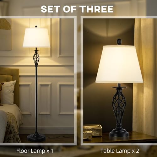 Depuley Modern Table and Floor Lamps, 3 Pack With White Linen Lampshade, Farmhouse Lamp Set for Living Room Bedroom Nightstands, Black (Bulb Included)