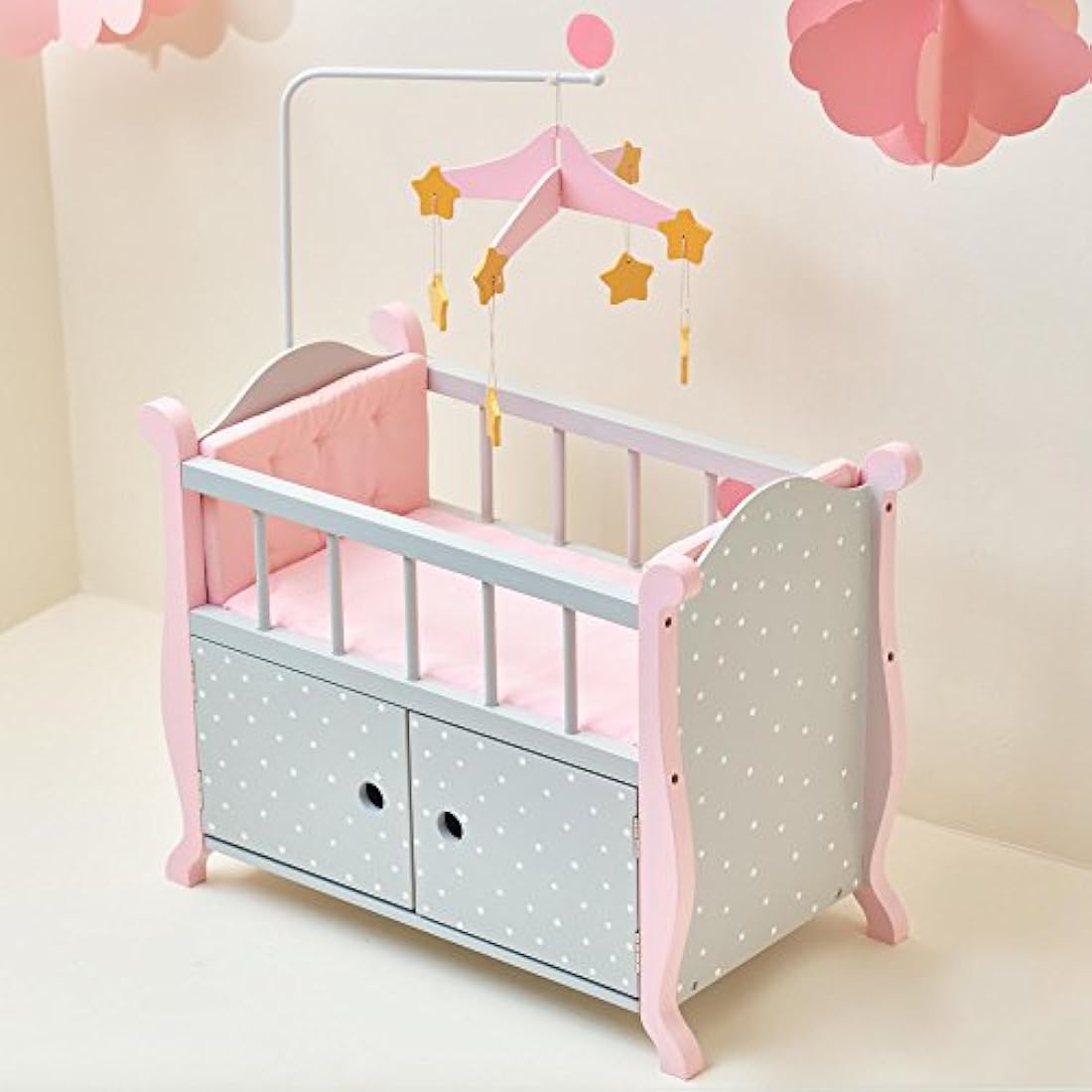 Olivia's Little World Polka Dot Princess Wooden Baby Doll Crib with Storage Underneath, Cushions, and Mobile, Grey/Pink