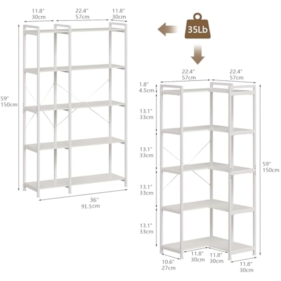 VEDECASA 5 Tiers Corner Bookcases L Shaped Corner Bookshelves White Bookshelf Storage Display Rack with Metal Frame for Living Room Home Bedroom Home Office Study Room White