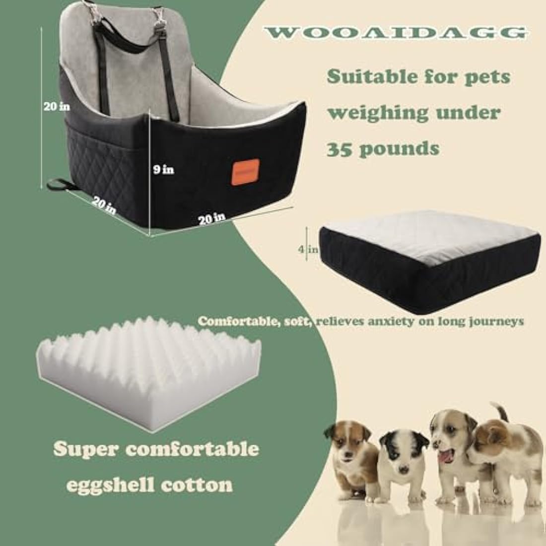 WOOAIDAGG Dog Car Seat for Medium Sized Dog,Pet Car Bed with Seat Belt Channel,Fully Detachable and Washable Pet Travel Seat with Adjustable Straps,3 Straps Easy to Install (Black/Grey)