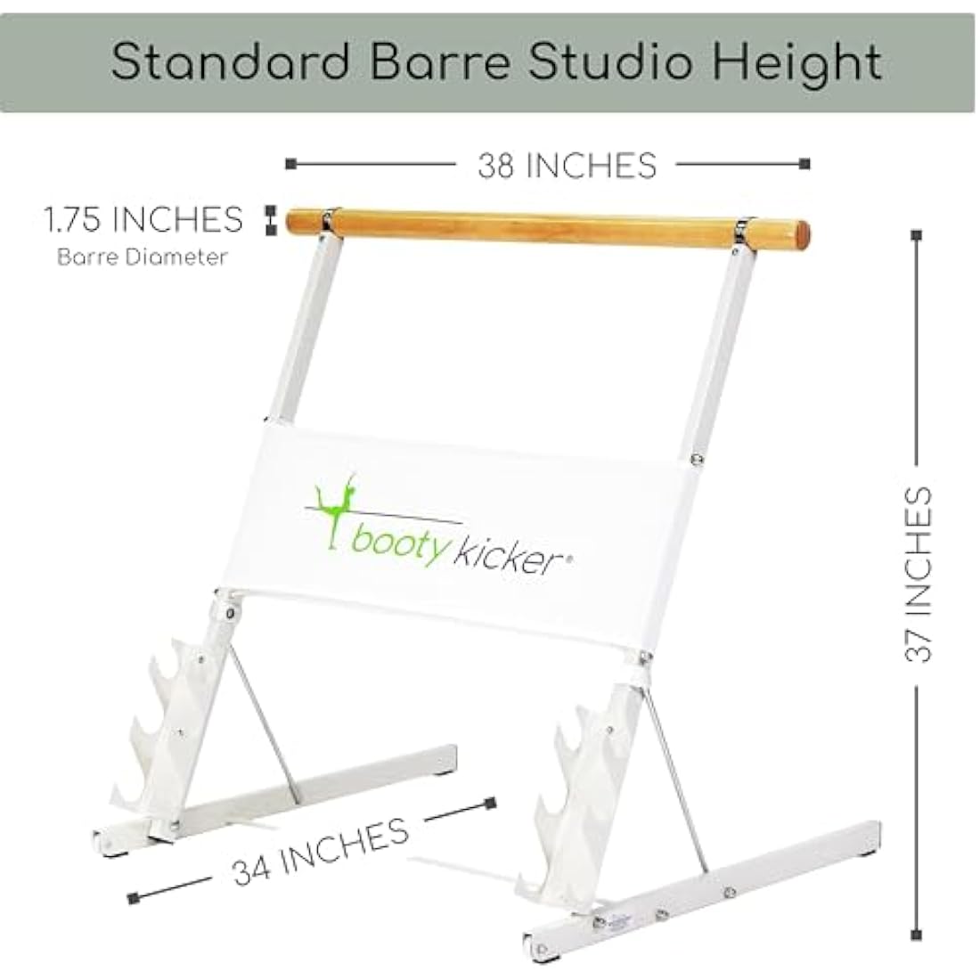 Booty Kicker – Home Fitness Exercise Barre, Folds Flat, Portable, Storable, Strong Angular Design for Pushing, Pulling, Balance & Ballet Exercises, wood, steel, nickle, Perfect for Barre Workouts