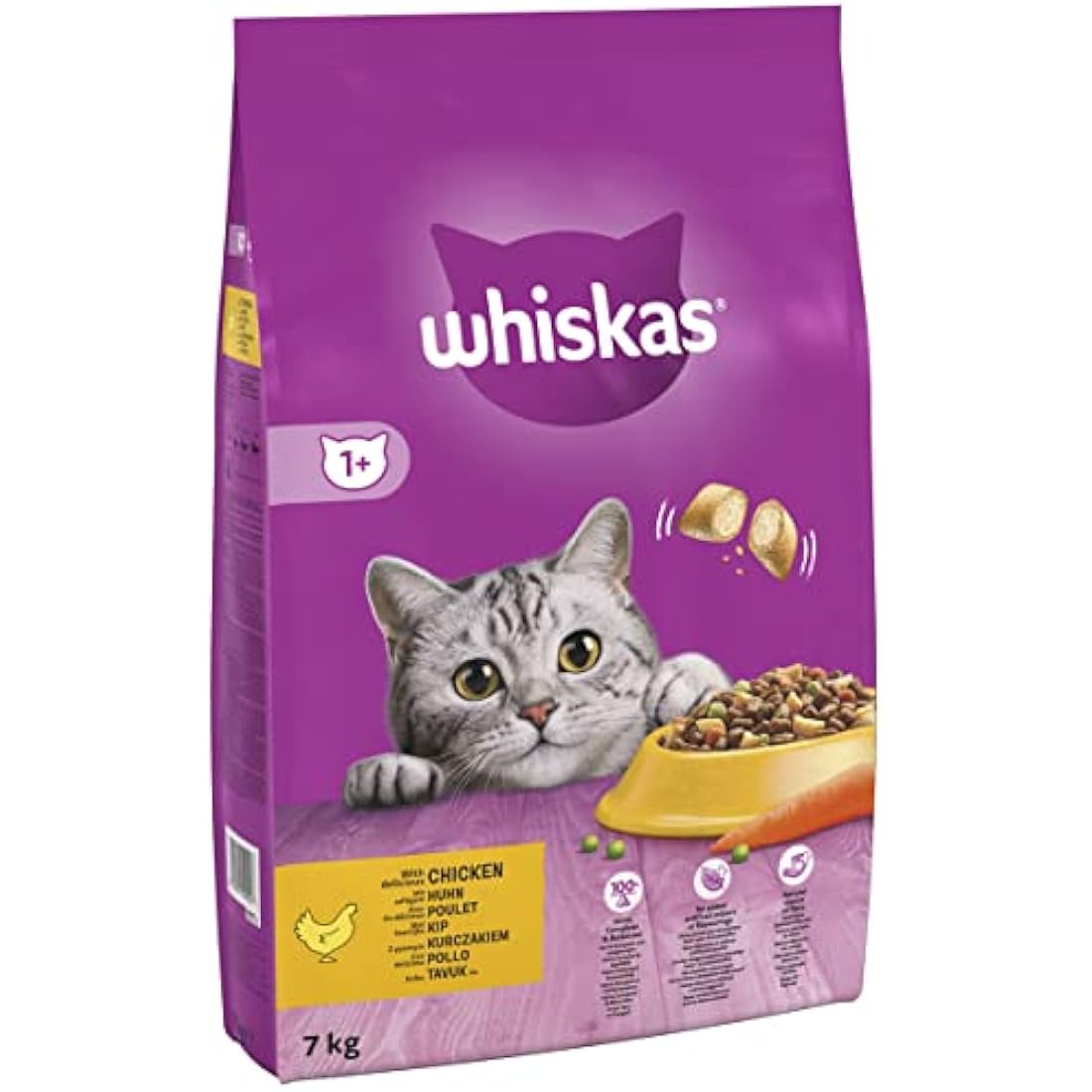 WHISKAS - 1+ Adult Dry Cat Food - 7kg - Biscuits Made with Chicken - Bulk Cat Food Bag