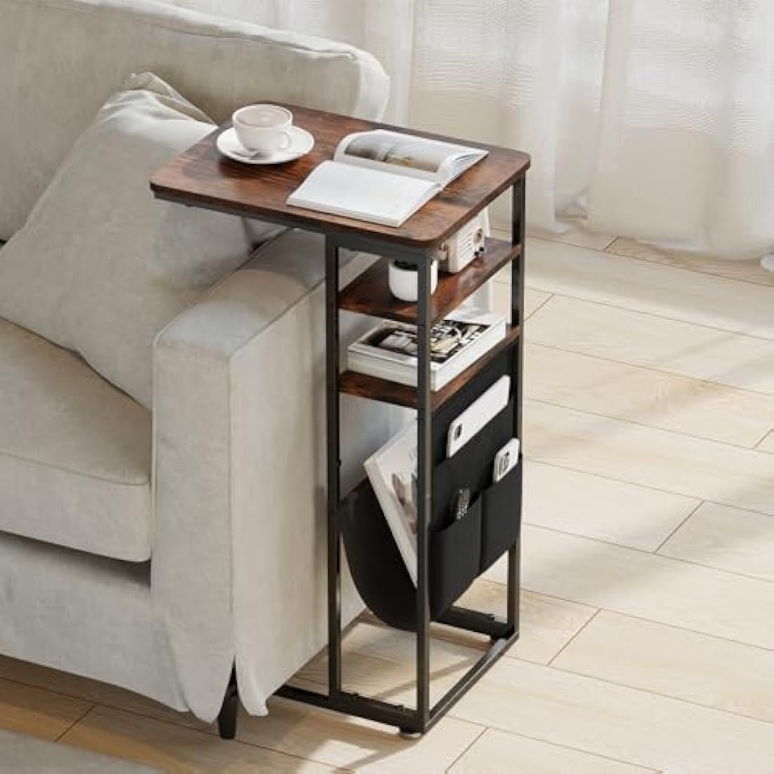 ZEXVIDA C Shaped Side Table, 3 Tier Sofa End Tables with Storage Bag, Sturdy Slide Under Sofa Slim Side Tables with Metal Frame for Small Spaces, Living Room, Bedroom, Industrial (Rustic Brown)