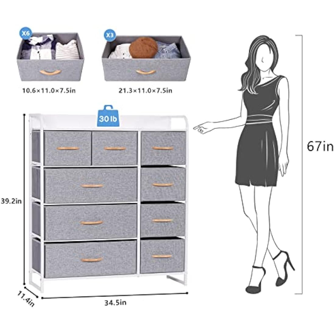 LYNCOHOME Chest of Drawers,Cationic fabric 9-Drawer Storage Organizer Unit for Bedroom Living Room Closet, Sturdy Steel Frame, Easy Pull Fabric Bins & Wooden Top, Fabric Dresser (Snow gray)