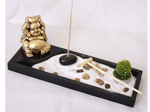 London Boutique Zen Garden laughing Buddha Ornament Statue Candle Holders Natural Stone Rattan Incense rake Gift Set (Laughing Buddha HY198)