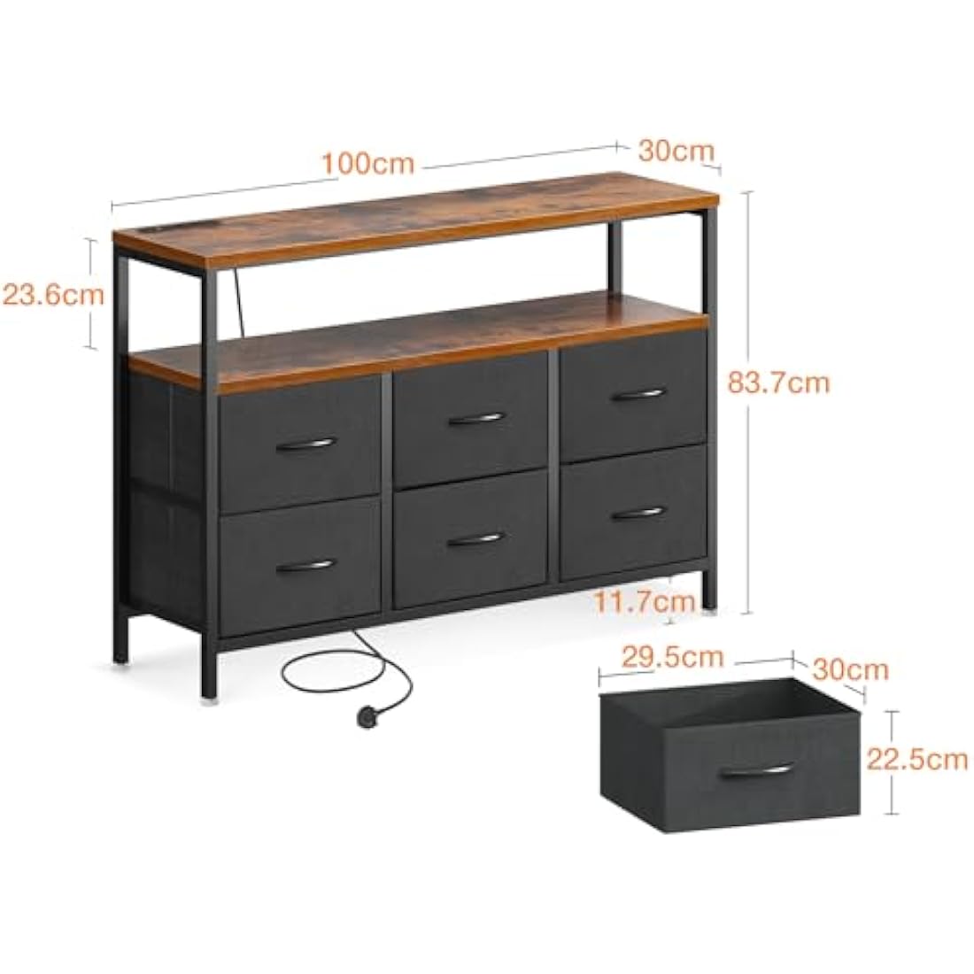 ODK Chest of Drawers Bedroom with 6 Drawers, Fabric Storage Drawers with 2 USB and 2 Sockets, Dresser Suitable for Bedrooms, Living Rooms, Sturdy Storage Dresser with Shelves, Retro Color