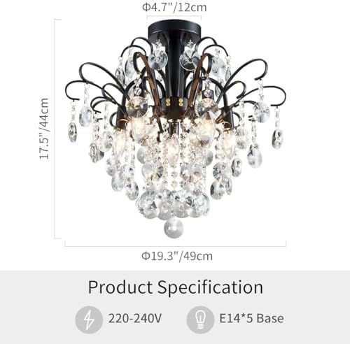 WUZUPS Crystal Chandelier 5-Light Pendant Ceiling Light Modern Lighting Fixture for Bedroom Hallway Bar Kitchen Bathroom, H 45 x W 50, E14 Base, Black