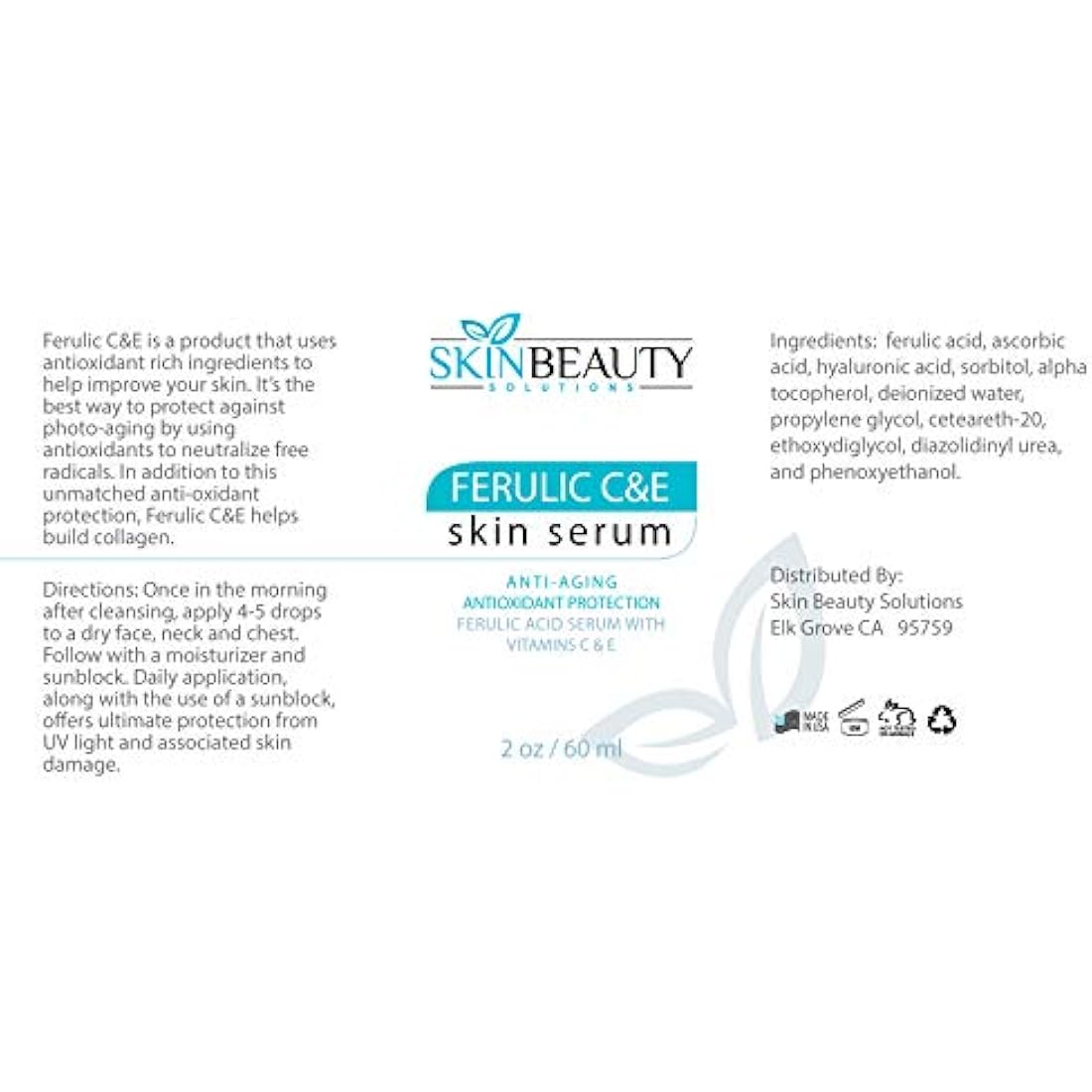 Skin Beauty Solutions Ferulic Acid C E With Vitamin C & E Skin Serum (2 Oz/60 Ml) (Compare To Skinceuticals) Wrinkles, Anti-Aging, Sun Damaged Skin & More. Vitamin Ce