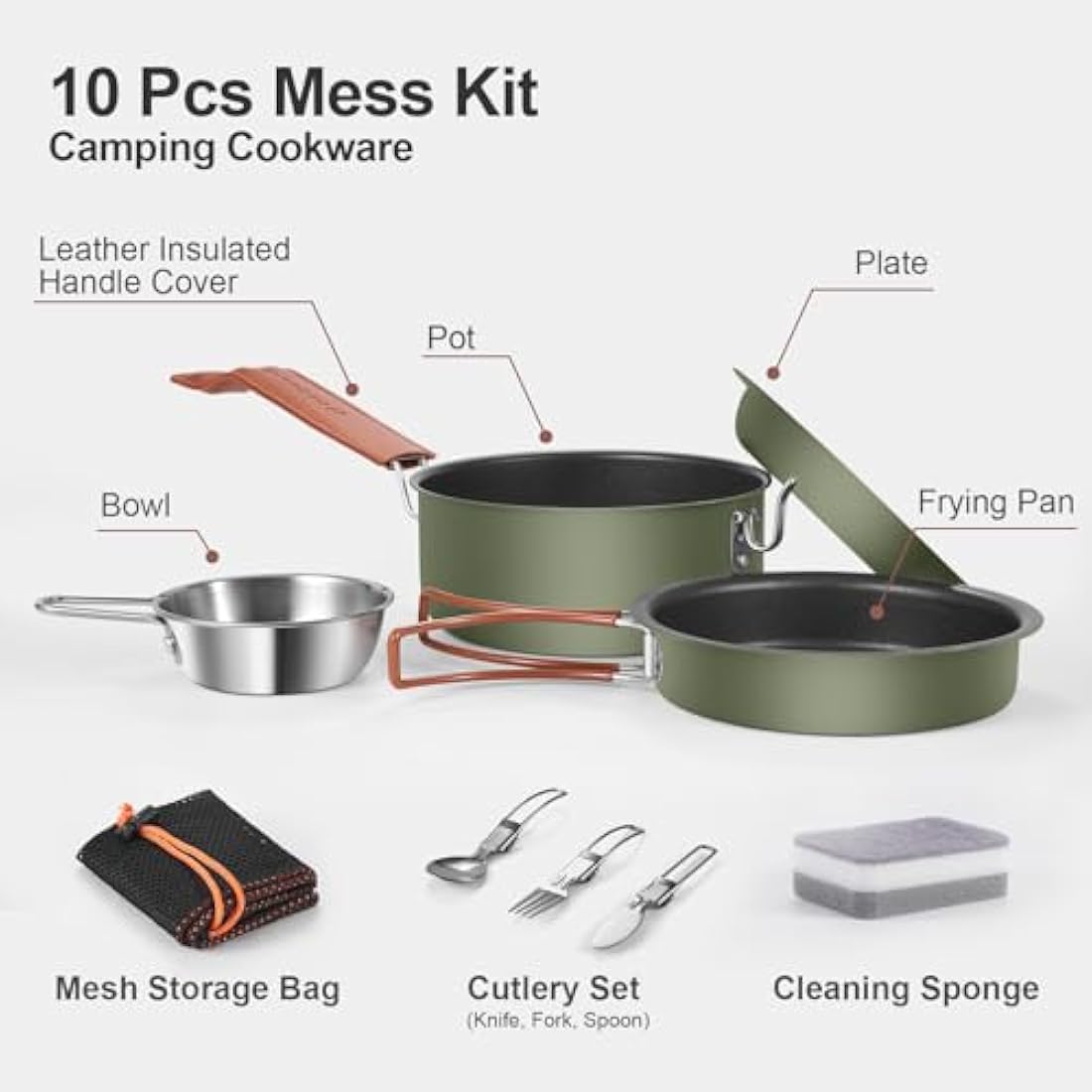 Odoland 10 pcs Camping Cookware Set, Non-Stick Lightweight Cooking Set with Plates Bowls Forks Knives and Spoons - Perfect for Backpacking, Camping, Hiking and Picnicking Green