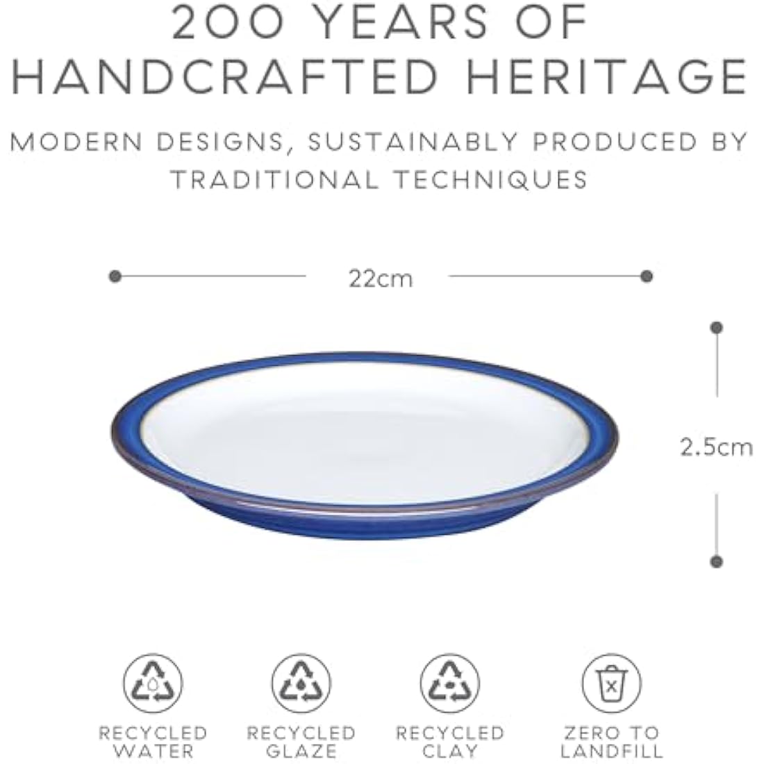 Denby - Imperial Blue Medium Plates Set of 4 - Dishwasher Microwave Safe Crockery 22cm - Royal Blue, White Ceramic Stoneware Tableware - Chip & Crack Resistant Lunch Plates