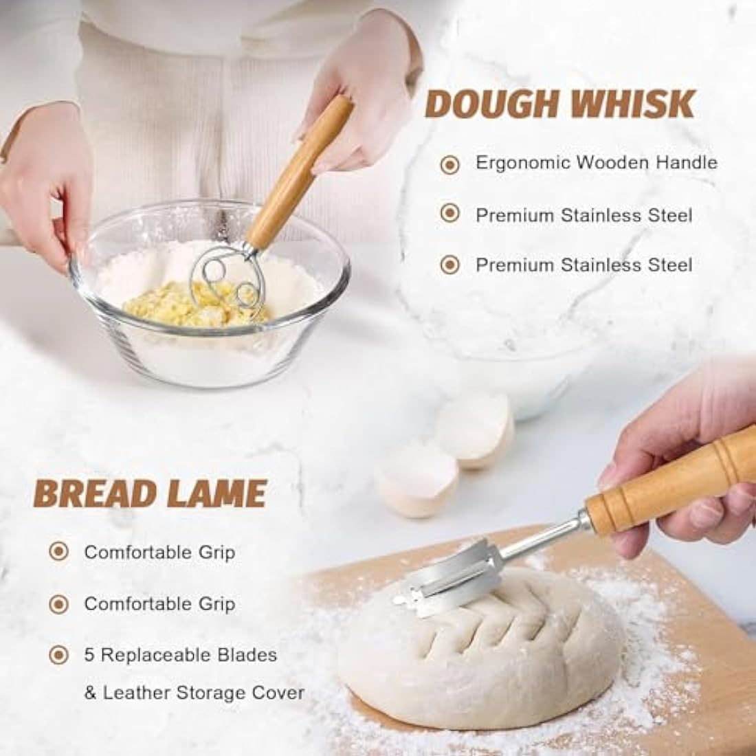 Banneton Bread Proofing Basket Set, 9 Inch Round & 10 Inch Oval Sourdough Proving Basket, 100% Natural Rattan, Sourdough Bread Making Kit with Cloth Liner, Bread Lame, Dough Whisk, Scrapers & Brush