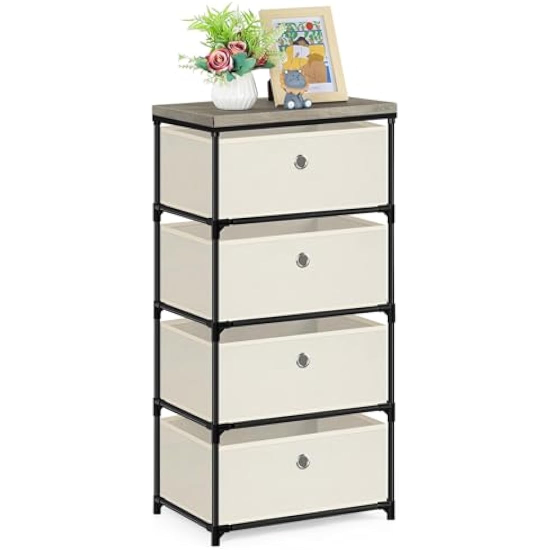 LIANTRAL 4 Tier Chest of Drawers, Metal Frame Vertical Fabric Dresser, Large Capacity Storage Organizer Unit for Bedroom, Living Room, Hallway and Closet, Off-white