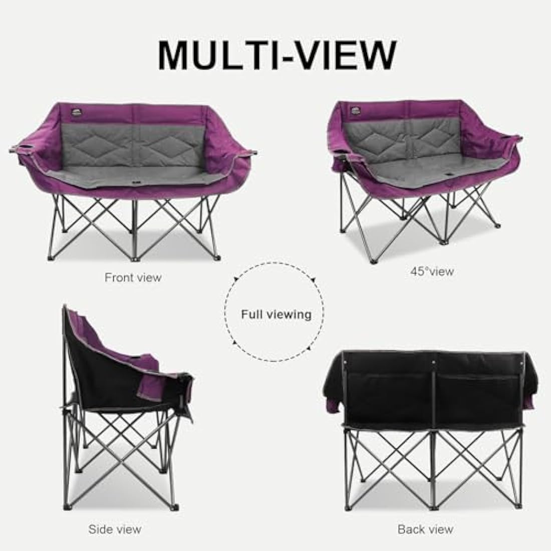 LANMOUNTAIN Folding Loveseat Camping Chair, Portable Double Chair w/Cup Holder,Wine Glass Holder,Carry Bag Heavy Duty Lawn Chair for 2 Adults,Perfect for Camp,Hiking,Picnics and Beach Trips,Purple