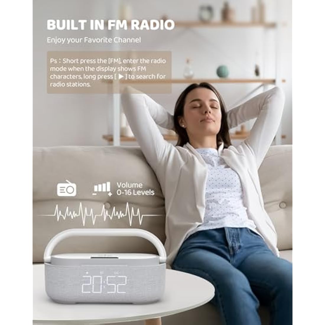 COLSUR Bluetooth Speaker with Radio, 15W Fast Wireless Charger, FM Radio, Bedside Night Light for Heavy Sleepers, Snooze, Dimmable LED Display, 2500mAh Battery USB Charging Port