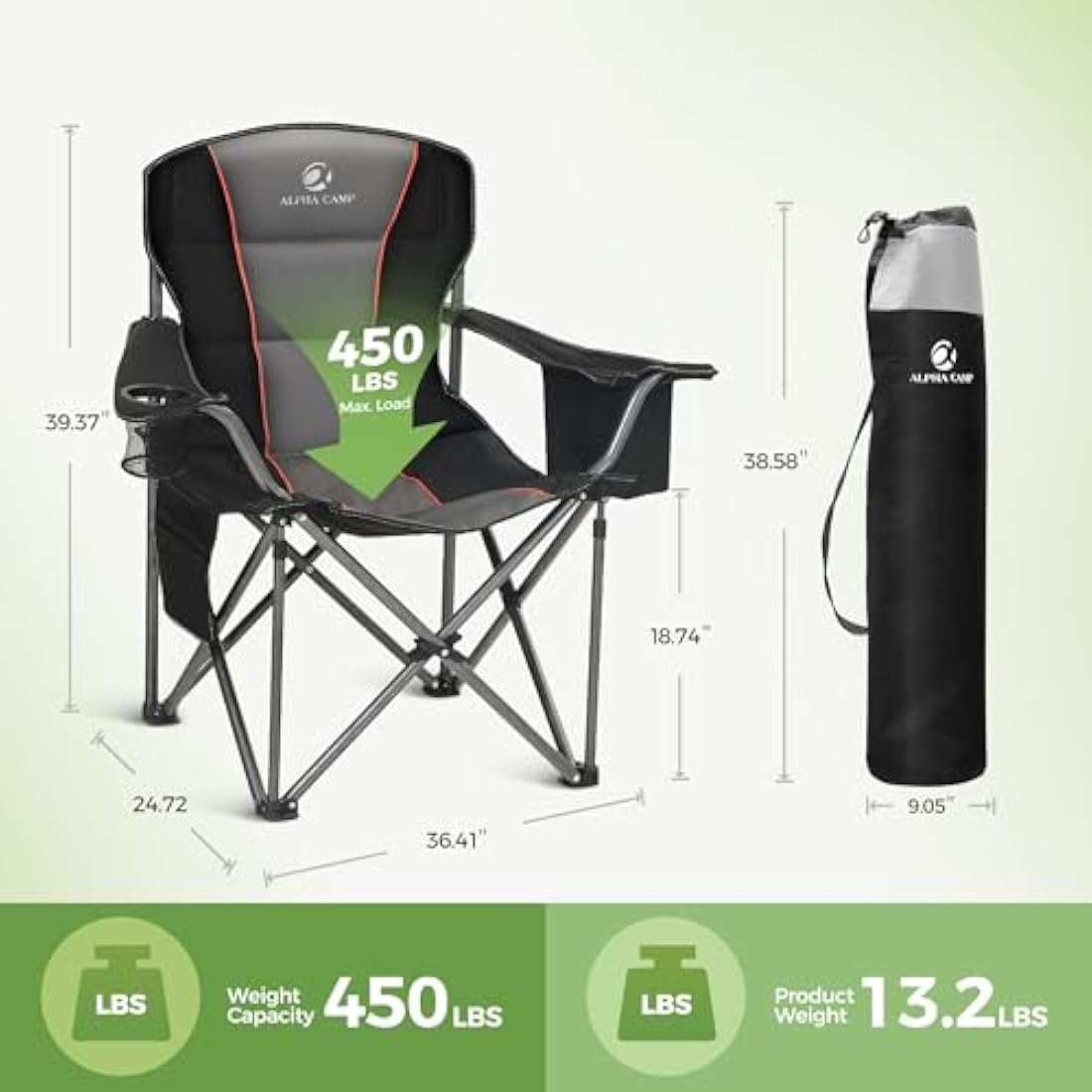 LET'S CAMP Folding Camping Chair Oversized Heavy Duty Padded Outdoor Chair with Cup Holder Storage and Cooler Bag, 450 LBS Weight Capacity, Thicken 600D Oxford Stoff, Set of 2