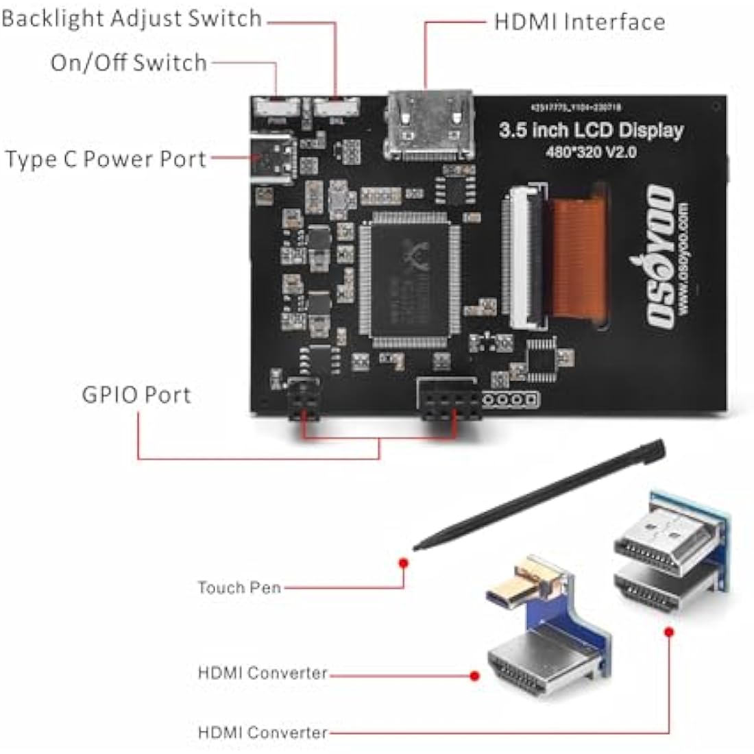 OSOYOO Touchscreen LCD Monitor HDMI Display 3,5" TFT with Stylus and Manual for Raspberry Pi 4 3 Modell B+
