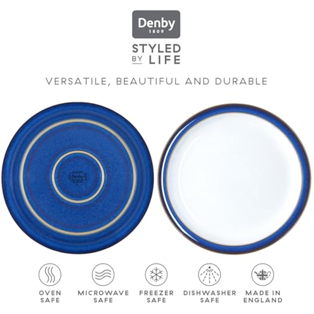 Denby - Imperial Blue Medium Plates Set of 4 - Dishwasher Microwave Safe Crockery 22cm - Royal Blue, White Ceramic Stoneware Tableware - Chip & Crack Resistant Lunch Plates