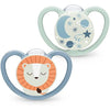 NUK Space Night Baby Dummy | 6-18 Months | Glow-in-The-Dark Soothers with Extra Ventilation for Sensitive Skin | BPA-Free Silicone | Lion & Moon | 2 Count
