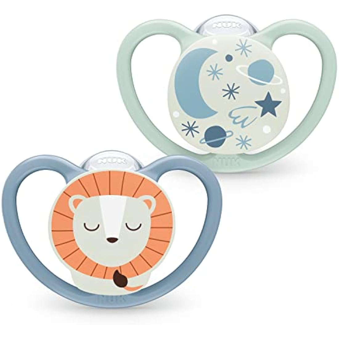 NUK Space Night Baby Dummy | 6-18 Months | Glow-in-The-Dark Soothers with Extra Ventilation for Sensitive Skin | BPA-Free Silicone | Lion & Moon | 2 Count