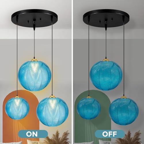 GCQ 3 in 1 Large Glass Pendant Light Fixtures, Blue E26 E27 GlassChandelier Mid Century Modern Chandelier Ribbed Blown Glass Globe Shade Hanging Light Ceiling for Living Room Restaurant Bar