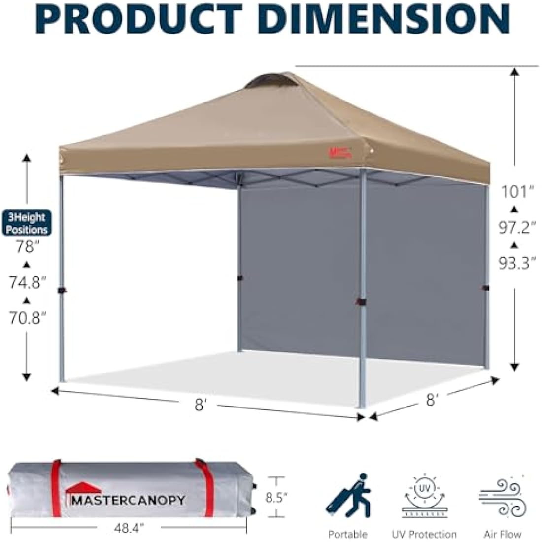 MASTERCANOPY Durable Ez Pop-up Gazebo Tent with 1 Sidewall (2.5x2.5M,Khaki)