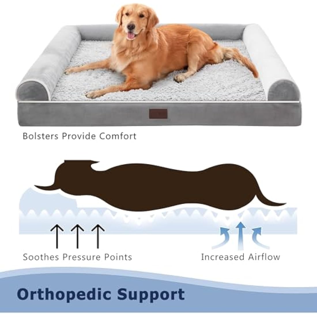 WESTERN HOME Dog Beds Large Washable,Soft Orthopedic Dog Beds with Removable Washable Cover,Extra Large Waterproof with U-Shape Bolster Grey, 91 x 68 x 17 cm