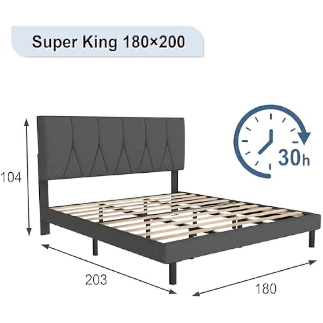 Yocreat Super King Bed Frame, Dark Grey, Upholstered Wooden Slat Bed Frame with Headboard, Easy Assembly, Underbed Storage, No Box Spring Needed 180×200