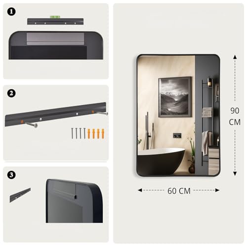 LunaMirror Wall Mirror 60x90 CM Wall-Mounted Bathroom Vanity Mirror Stylish Black Mirror Wall Decor Rectangle Wall Hanging Mirror with Curved Corners