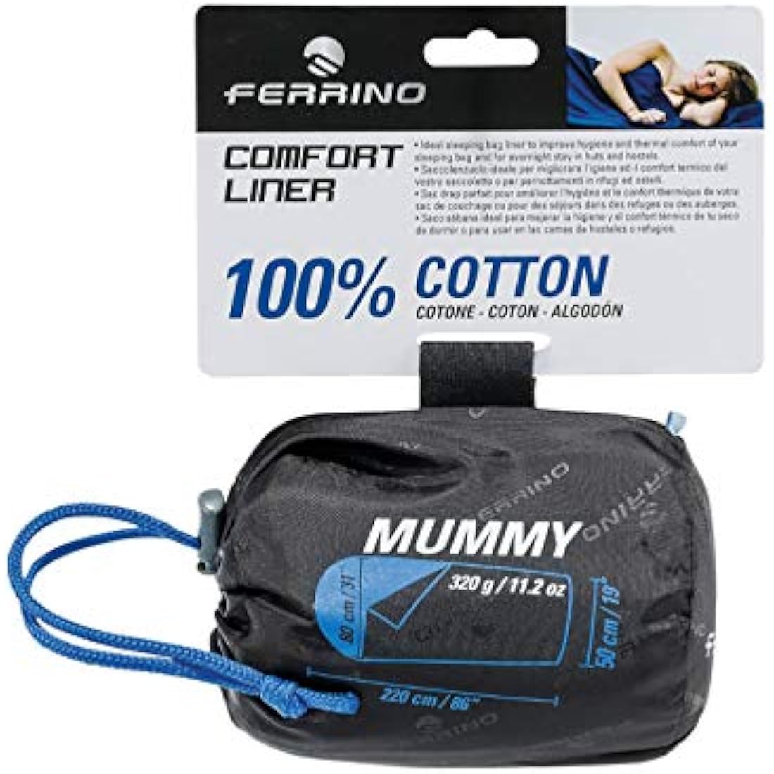 Ferrino Comfort Liner Mummy, Bed Sheet Blue, 220 x 80 x 50 cm