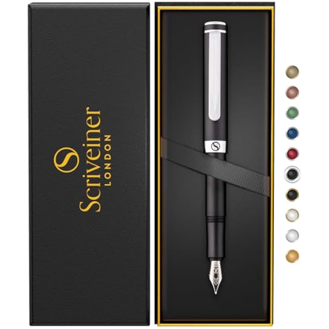 Scriveiner Luxury EDC Fountain Pen (Medium), Stunning Matt Black with Chrome Finish Pocket Pen with Genuine Schmidt Nib, Includes Converter and Spare Cartridges, Best Writing Gift Set for Men & Women