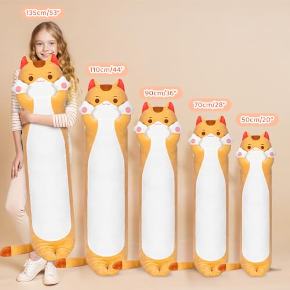 Mewaii 44in Long Cat Plush Pillows Stuffed Animals Squishy Pillows Plushie Cute Kitty Sleeping Hugging Plush Pillow Soft Toys for Kids(Orange) Brown Cat Body Pillow