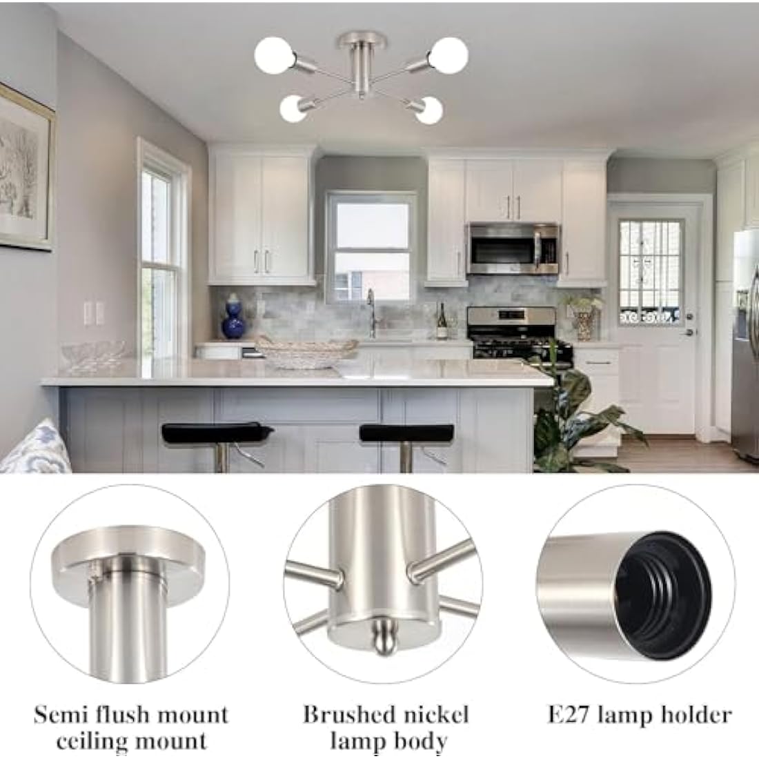 QAREHL Sputnik Ceiling Lights Living Room, 4 Lights Modern Chrome Ceiling Lights Mid Century Industrial Sputnik Chandelier for Bedroom, Kitchen, Dining Room, Hallway, Lounge