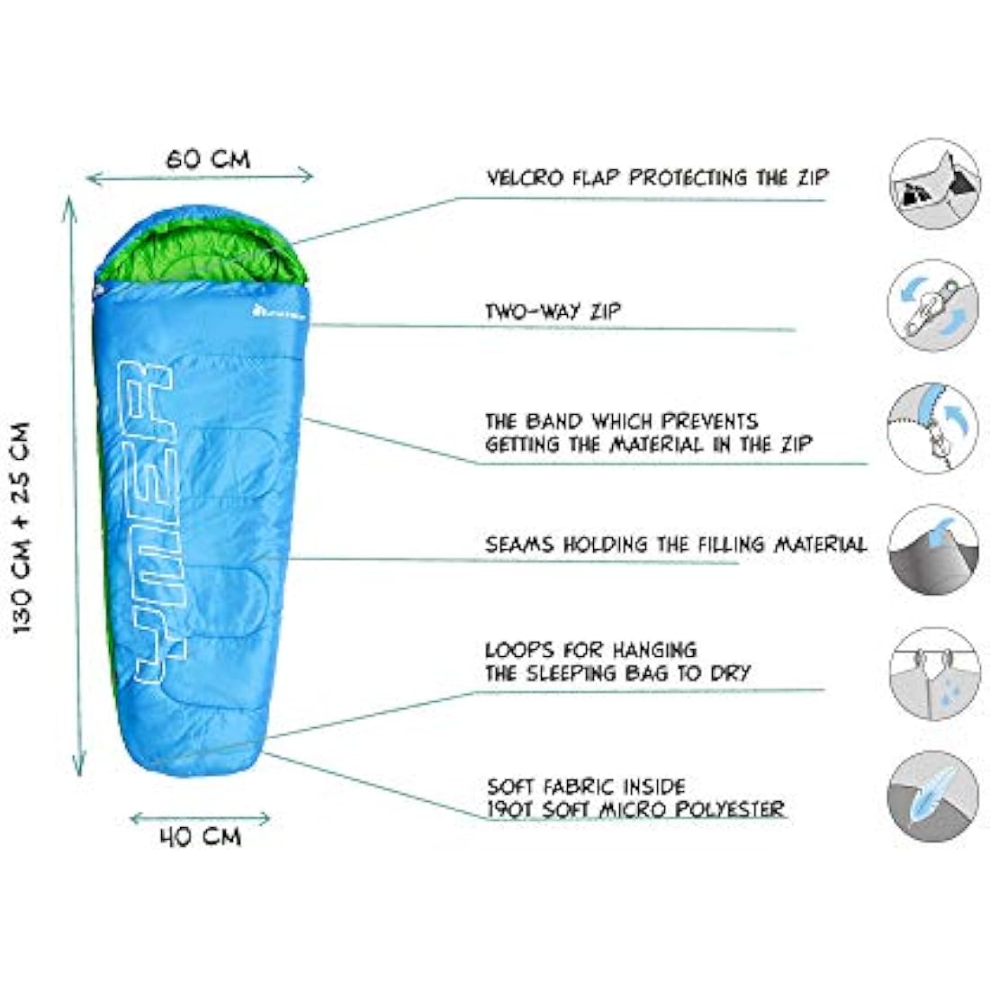Meteor - YMER Kids Sleeping Bag – Camping Equipement for Girls, Boys & Teens – Compact Travel Gear for Hiking, Sleepover – Winter, Spring, Summer or Fall – for Kids 155 cm Tall - Blue/Green