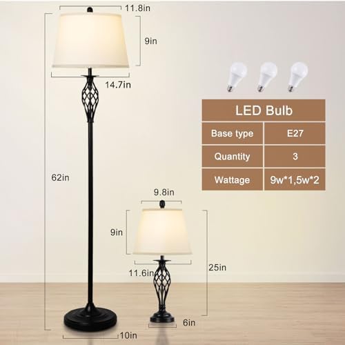 Depuley Modern Table and Floor Lamps, 3 Pack With White Linen Lampshade, Farmhouse Lamp Set for Living Room Bedroom Nightstands, Black (Bulb Included)