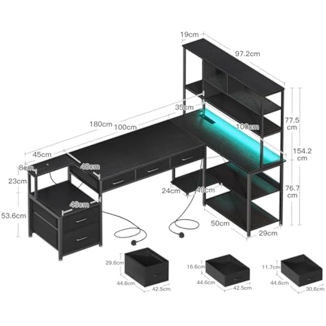Coleshome L Shaped Corner Desk with Drawers, Reversible Home Office Computer Desk with Storages & Shelves, Gaming Table with LED Lights & Power Outlets Black, 180 × 100 cm