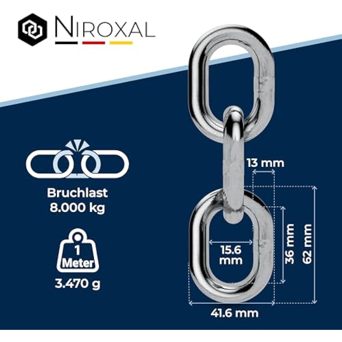 200-cm = 2-Meter 13-mm Thick Stainless Steel Chain V4A Short-Linked from NietFullThings on Piece Anchor Chain DIN 5685 DIN 766 2-m