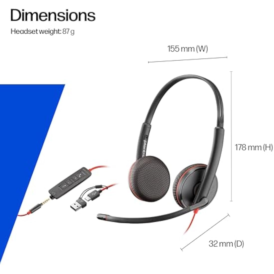 Poly Blackwire 3225 Wired Headset - Noise-Canceling Mic – Stereo Design - Connect to PC/Mac/Mobile via USB-C, USB-A, or 3.5mm - Works w/Teams, Zoom