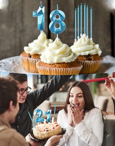 Boys Blue 13th Birthday Candles Set - Number 13 & Long Blue Candles for Birthday Cake & Party Decorations