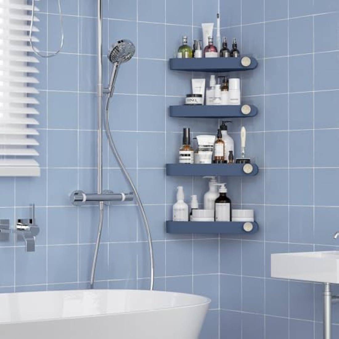 Sotfamily 4 Packs Corner Shower Caddy, No Drill Shower Organiser with Adhesive Pad, Rust Free Plastic Shower Storage for Bathroom, Kitchen & Toilet (Navy)