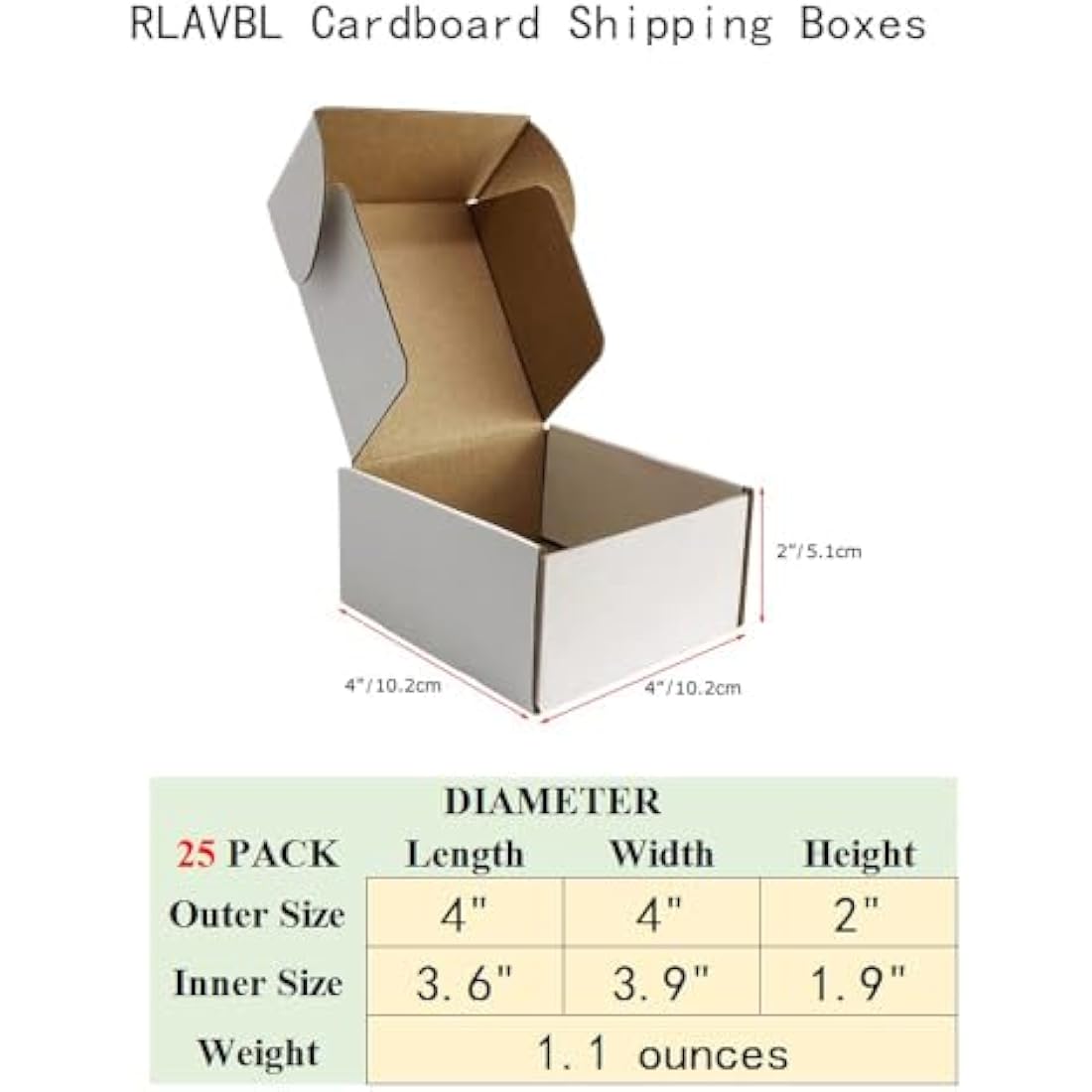 RLAVBL 25 Pack 102x102x51 mm (4x4x2 in) Small Shipping Boxes White Corrugated Cardboard Box for Packing Mailing