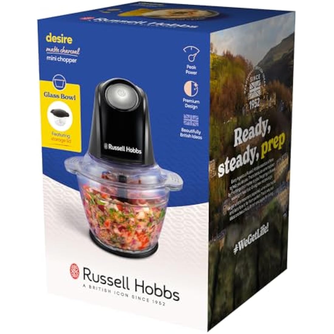 Russell Hobbs Food Processor [Mini Chopper] Electric Dicer (For Vegetables, Fruit, Meat, Garlic, Onion, 1L Bowl, Dishwasher Safe, 2 Speeds,Stainless Steel Blades, 350 peak power) Matte Charcoal 27131