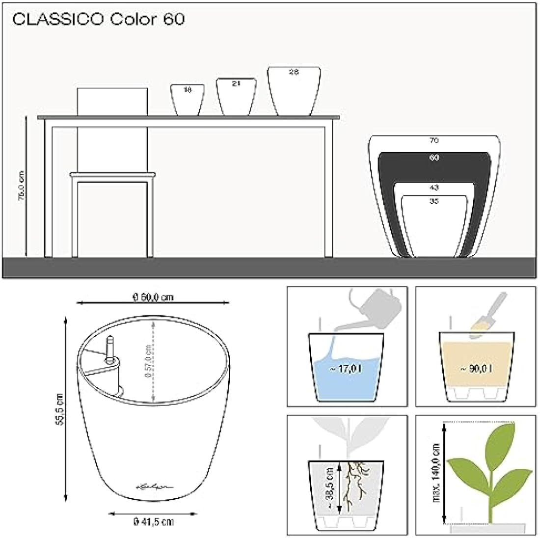 Lechuza CLASSICO Color 60 Self Watering Planter Large Garden Plastic Indoor and Outdoor Flower Plant Pot with Drainage Hole D60 H55.5 cm White