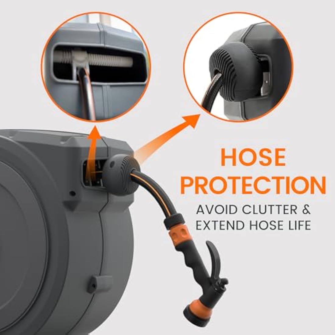 Giraffe Tools Retractable Hose Reel Wall Mounted, 25+2m Garden Hose Reel, 180° Pivotal with 7 in 1 Spray Nozzle, Grey (EUAW-25)