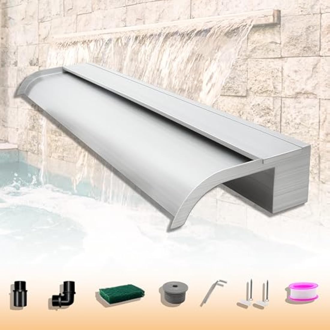 LONGRUNNEW Pond Waterfall Blade Kit, 90cm Stainless Steel Pool Fountain with Accessories, Width 18cm Curved Outlet Spillway for Garden Patio Pond Decoration