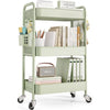 Urackify Storage Trolley on Wheels for Variety Applications, 3 Tier Trolley with Extra DIY Pegboards,Handing Bins, and Hooks for Living Room, Kitchen, Bathroom, Office, Classroom, Green