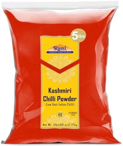 Rani Kashmiri Chilli Powder (Deggi Mirch, Low Heat) Indian Spice 80oz (5lbs) 2.27kg Bulk All Natural | Salt-Free | Kosher | Vegan | Gluten Friendly | Perfect for Deviled Eggs & Other Low Heat Dishes