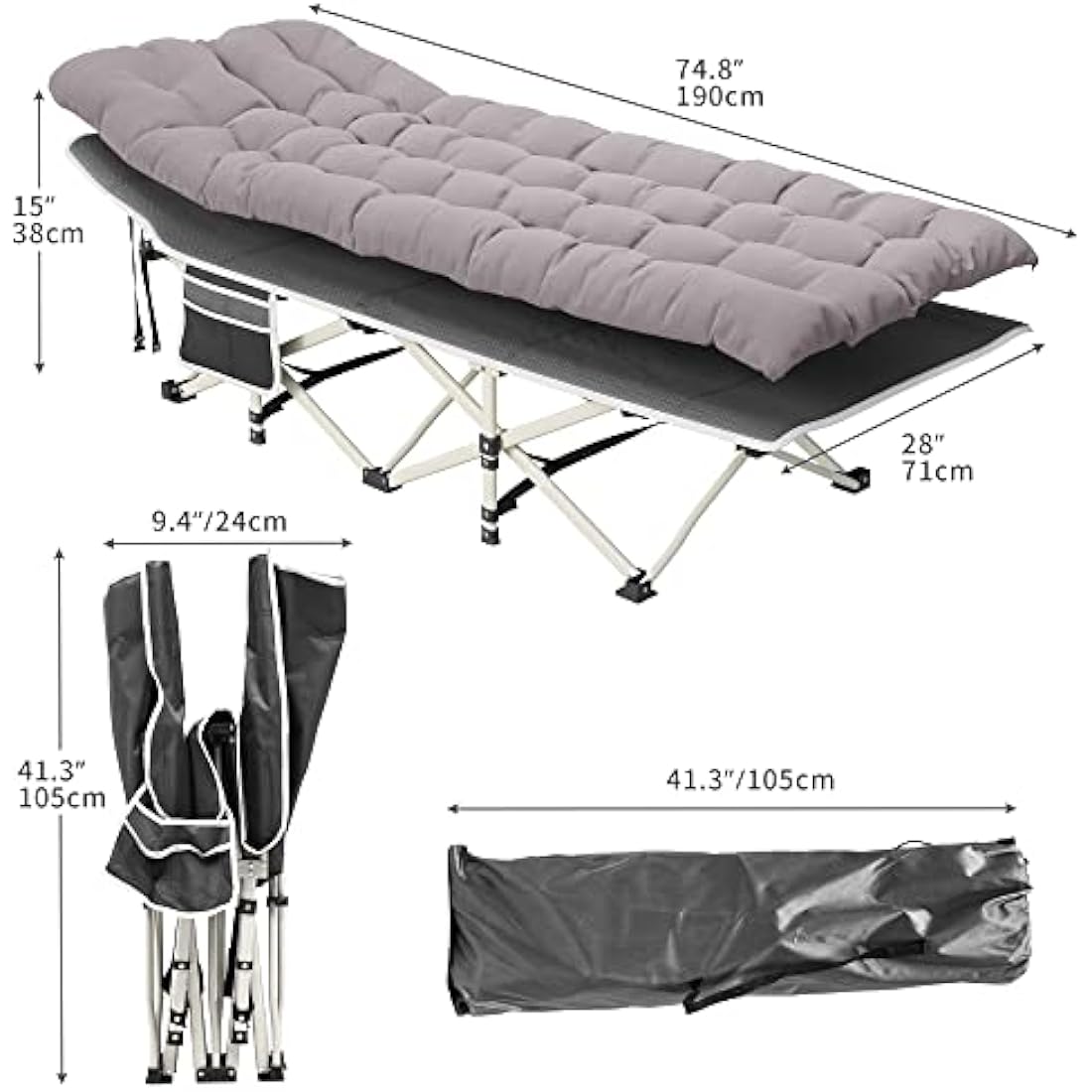 YITAHOME Folding Camping Bed, 28" Extra Wide Heavy Duty Portable Camp Bed, Comfortable Sleeping Cots with 280kg Capacity for Travel/Office/Outdoor, Grey